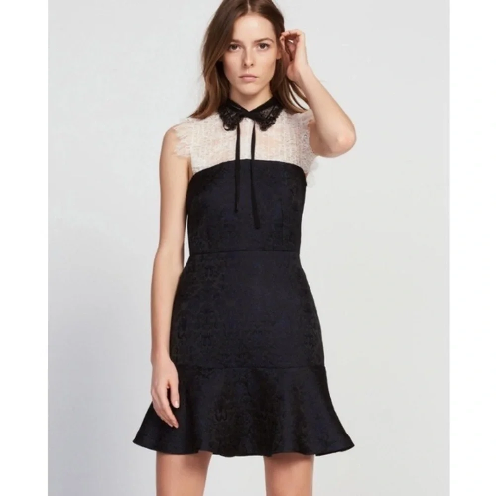 Sandro Flavia Dress Black White Eyelash Lace Flare Brocade - Picture 8 of 15